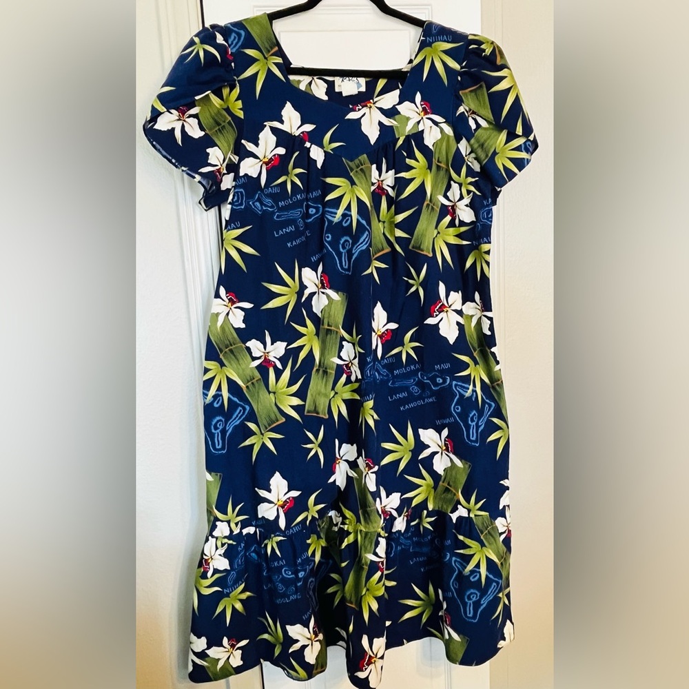 VTG Hawaiian Tradition Muumuu Dress Orchid Tropical Blue Size Large